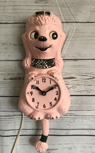 Vintage 1960 ' s Pink French Poodle Kit Kat Jeweled Wall Clock Eyes Move Tail Wags 3
