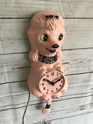 Vintage 1960 ' s Pink French Poodle Kit Kat Jeweled Wall Clock Eyes Move Tail Wags 4
