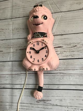 Vintage 1960 ' s Pink French Poodle Kit Kat Jeweled Wall Clock Eyes Move Tail Wags 5