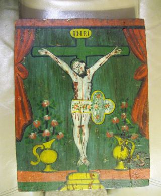 Antique Retablo On A Thick Piece Of Wood,  Jesus On The Cross