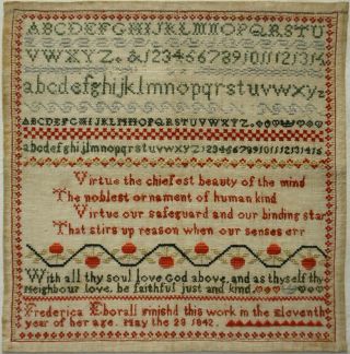 Mid 19th Century Verse & Alphabet Sampler By Frederica Eborall Aged 11 - 1842