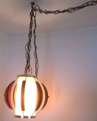 Vintage Mid Century Danish Modern Teak Wood Chandelier Ceiling Swag Lamp Light 2