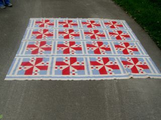 19thc Antique Quilt Top " Pinwheel " Red/white/blue Hand Sewn 80 " X83 " 16 Squares