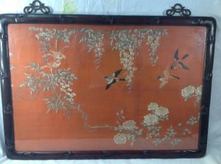 19th Chinese Coral Ground Silk Emroidery Panel With Hongmu Wood Frame