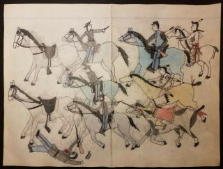 Ledger Art.  Running For Cover.  Very Large Early To Mid 1900s
