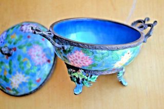 Antique Chinese Bronze Cloisonne Bowl W/dragon Flower 2 Handel 3 Foots