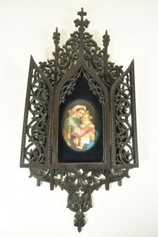 Antique Religious Black Forest Wood Carved Gothic Porcelain Madonna Medaillon