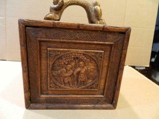 All Wood Hand Carved Mah Jongg Tile Box Secret Opening People On Handles 1800 