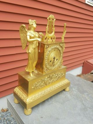 French Gilt Bronze Empire Clock Angel Ormolu Greek Goddess Nike Mythology Harp