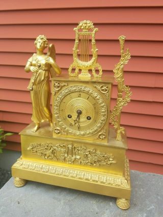 French Gilt Bronze Empire Clock Angel Ormolu Greek Goddess Nike Mythology Harp 2