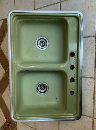 Avocado Green Kitchen Sink Double Basin Mod Mid Century Ceramic Vintage 1960s