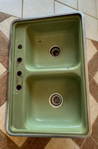 Avocado Green Kitchen Sink Double Basin MOD Mid Century Ceramic Vintage 1960s 2