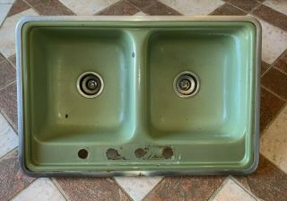 Avocado Green Kitchen Sink Double Basin MOD Mid Century Ceramic Vintage 1960s 3