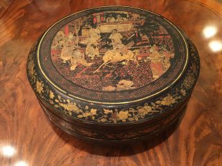 A Rare And Large Chinese Antique Sweetmeat Lacquer Box With Gilt,  Marked.
