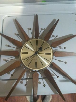Vtg Mid Century Modern Seth Thomas Sunburst Starburst Gold Tone Wood Wall Clock