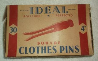 Vtg Ideal Brand Wooden Clothes Pins Old Stock W/box Forster Mfg Strong Maine