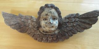 Vintage Primitive Hand Carved Wood Glass Eyed Winged Cherub,  Antique Angel Wall