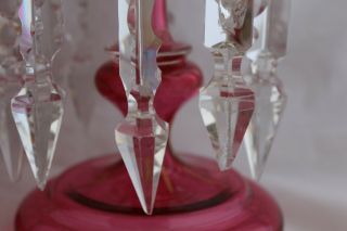 ANTIQUE BOHEMIAN MOSER CRANBERRY GLASS Gold Hand paint LUSTER PAIR MANTLE PRISMS 11
