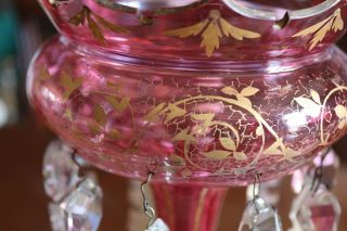 ANTIQUE BOHEMIAN MOSER CRANBERRY GLASS Gold Hand paint LUSTER PAIR MANTLE PRISMS 12