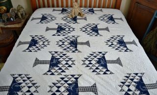 Antique Hand Stitched 1800s Tree Of Life Quilt Rare Blue