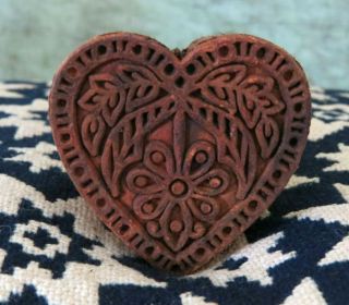 Primitive Rustic Farmhouse Carved Wood Heart W Flower Butter Mold Stamp Press