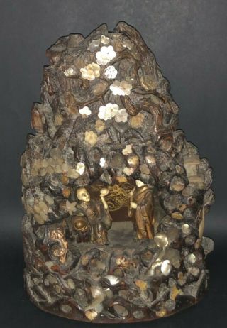 Great Japanese Meiji Shibayama Style Carved Wooden Mother Of Pearl Inlay Statue