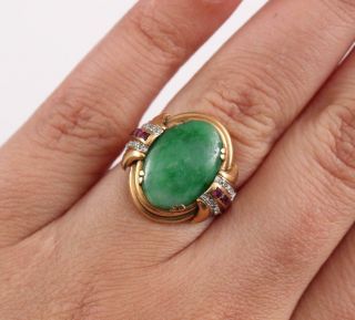 Antique Authentic 1920s Art Deco 18kt Yellow Gold,  Jade,  Ruby & Diamond Ring