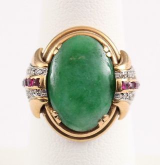 Antique Authentic 1920s Art Deco 18kt Yellow Gold,  Jade,  Ruby & Diamond Ring 2