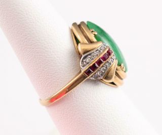Antique Authentic 1920s Art Deco 18kt Yellow Gold,  Jade,  Ruby & Diamond Ring 3
