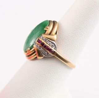Antique Authentic 1920s Art Deco 18kt Yellow Gold,  Jade,  Ruby & Diamond Ring 4