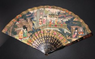 Fine Chinese Qing Dynasty Gold Red Lacquer Figural Court Scene Landscape Fan