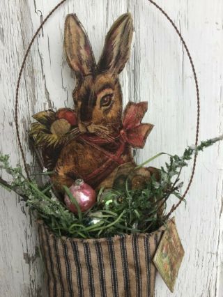 Primitive Folk Art Rabbit Bunny Easter Die Cut Feather Tree Ooak
