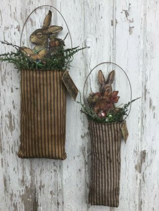 Primitive Folk Art Rabbit Bunny Easter Die cut Feather tree OOAK 2