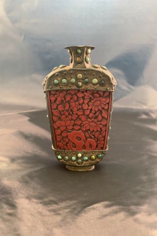 Antique Chinese Cinnabar Snuff Bottle Turquoise Beads Lion Faces