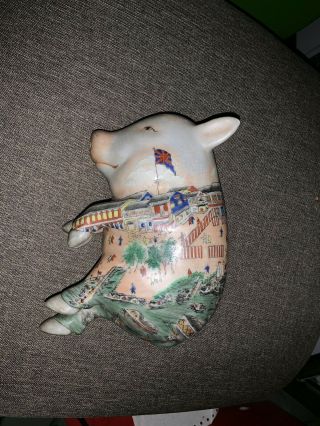 Vintage Hand Painted Porcelain Sleeping Pig Statue Japanese Chinese Figurine