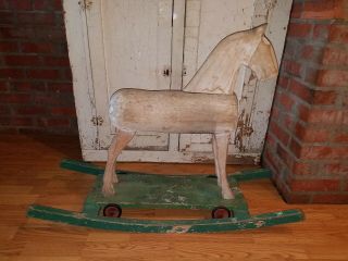Antique Primitive Farmhouse Folkart Wooden Rocking Horse Pull Toy Wheels Rocking
