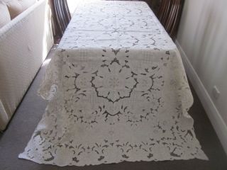 Fabulous Vintage Pale Cream Linen Cutwork Embroidered Banquet Tablecloth