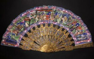 Rare Chinese Gold Gilt Silver Filigree Enamel 100 Faces Figural Court Scene Fan