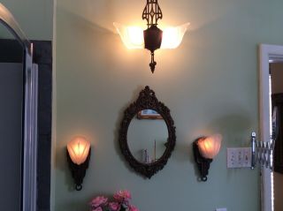 Art Deco Chandelier 2 Slip Shades & 2 Sconces W Slip Shades In Glass