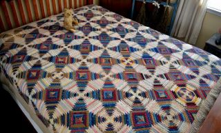 Antique Early 1800s Hand Stitched Log Cabin Calico Windmill Blades Quilt
