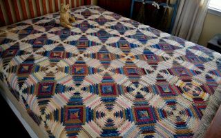 Antique Early 1800s Hand Stitched Log Cabin Calico Windmill Blades Quilt 2