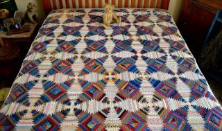 Antique Early 1800s Hand Stitched Log Cabin Calico Windmill Blades Quilt 3