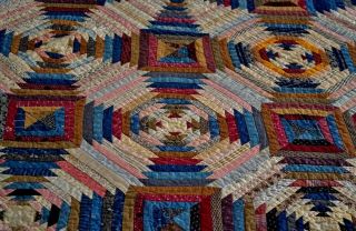 Antique Early 1800s Hand Stitched Log Cabin Calico Windmill Blades Quilt 4