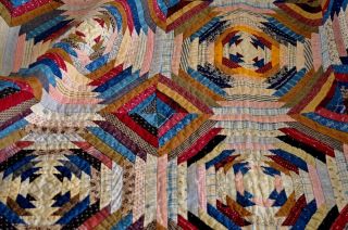 Antique Early 1800s Hand Stitched Log Cabin Calico Windmill Blades Quilt 5