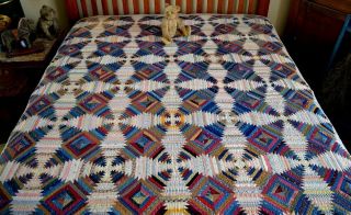 Antique Early 1800s Hand Stitched Log Cabin Calico Windmill Blades Quilt 6