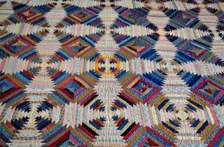Antique Early 1800s Hand Stitched Log Cabin Calico Windmill Blades Quilt 7