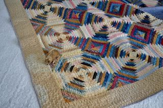 Antique Early 1800s Hand Stitched Log Cabin Calico Windmill Blades Quilt 8