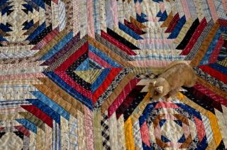 Antique Early 1800s Hand Stitched Log Cabin Calico Windmill Blades Quilt 9