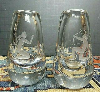 Fabulous Art Deco Salir Clear Glass Etched Artemis & Siren Vases Signed/numbered