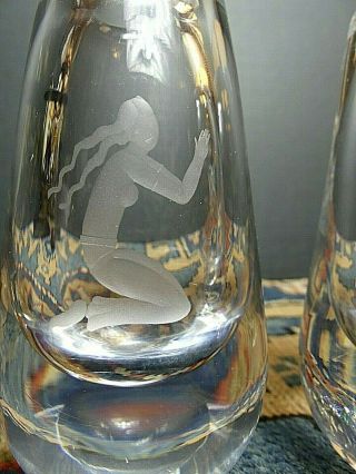 Fabulous Art Deco SALIR Clear Glass Etched Artemis & Siren Vases Signed/Numbered 2
